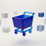ecommerce-digital-marketing-shopping-cart - Kihan Marketing Blue translucent shopping cart surrounded by floating cubes, suggesting online shopping or product selection.