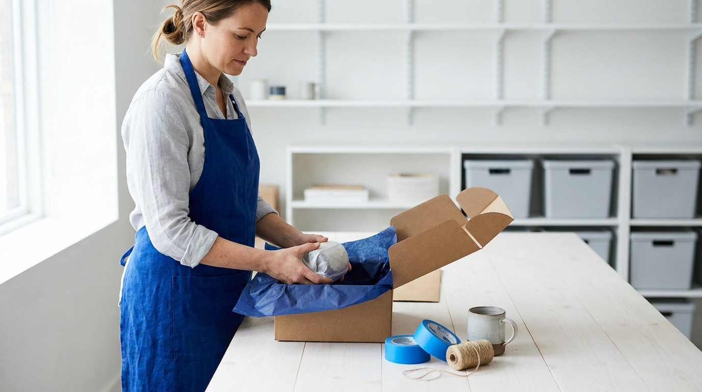 Woman in a blue apron packs a gift box with blue tissue paper on a light worktable.