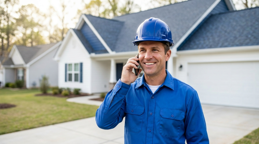Confident roofing contractor in a hard hat taking a phone call in front of a house with a new roof