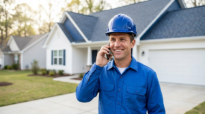 Confident roofing contractor in a hard hat taking a phone call in front of a house with a new roof