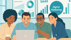 Four diverse colleagues gathered around a laptop, smiling while reviewing business charts on the wall behind them.