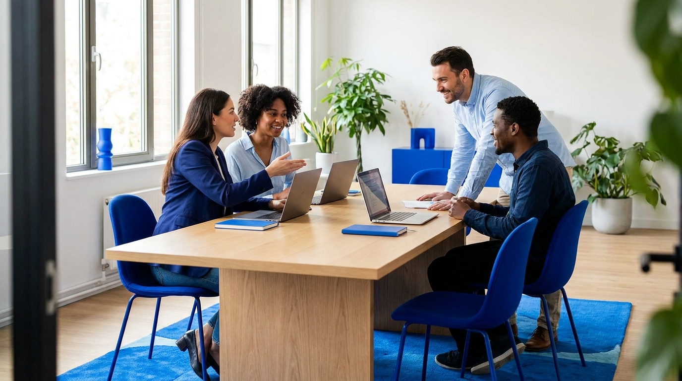 full-service-digital-marketing-teampng - Kihan Marketing - Kihan Marketing Four coworkers discuss around a wooden table with laptops in a bright, plant-filled office environment.