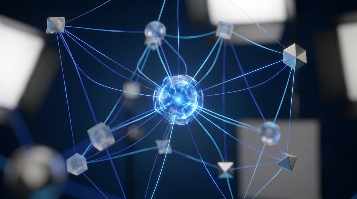 full-service-marketing-channels-networkpng - Kihan Marketing - Kihan Marketing Blue glowing central sphere with lines connecting to multiple nodes, illustrating a digital network or neural connections.