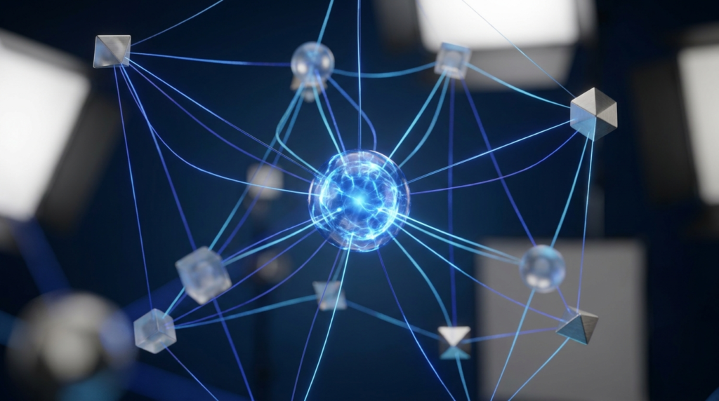 Central glowing blue orb connected to multiple nodes by blue lines, illustrating a digital network or neural/ blockchain-like connections.
