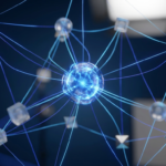 full-service-marketing-channels-network - Kihan Marketing Central glowing blue orb connected to multiple nodes by blue lines, illustrating a digital network or neural/ blockchain-like connections.