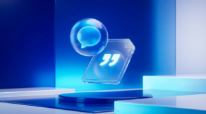 A glowing chat bubble and document with a quotation mark representing content cited by AI