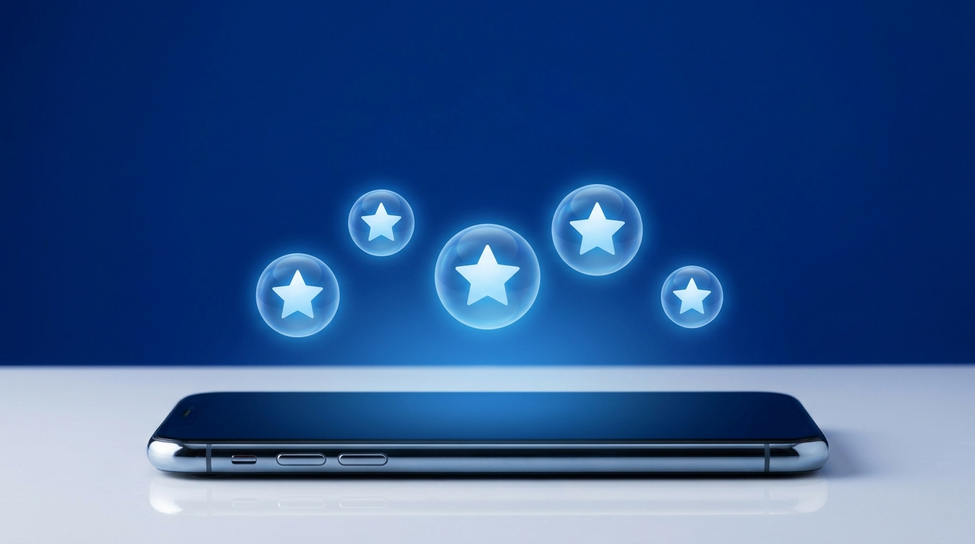 get-more-google-reviews - Kihan Marketing - Kihan Marketing A smartphone showing glowing five-star review bubbles representing getting more Google reviews