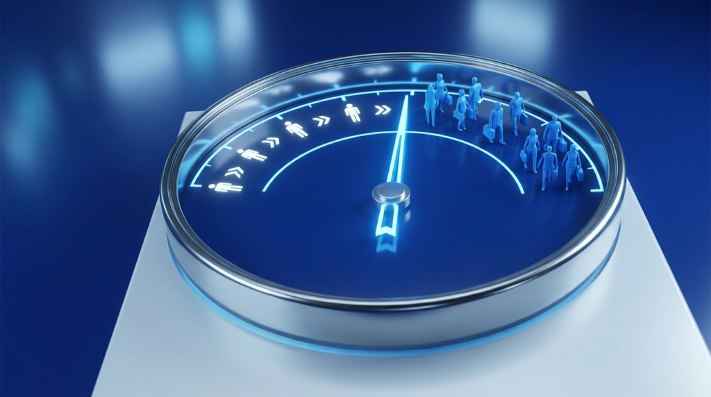 A performance gauge dial pointing up with figures converting representing website conversion rate