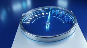 A performance gauge dial pointing up with figures converting representing website conversion rate