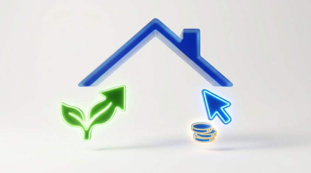 A roof with an organic growth arrow and a paid click cursor representing Google Ads vs SEO for roofers