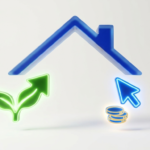 A roof with an organic growth arrow and a paid click cursor representing Google Ads vs SEO for roofers