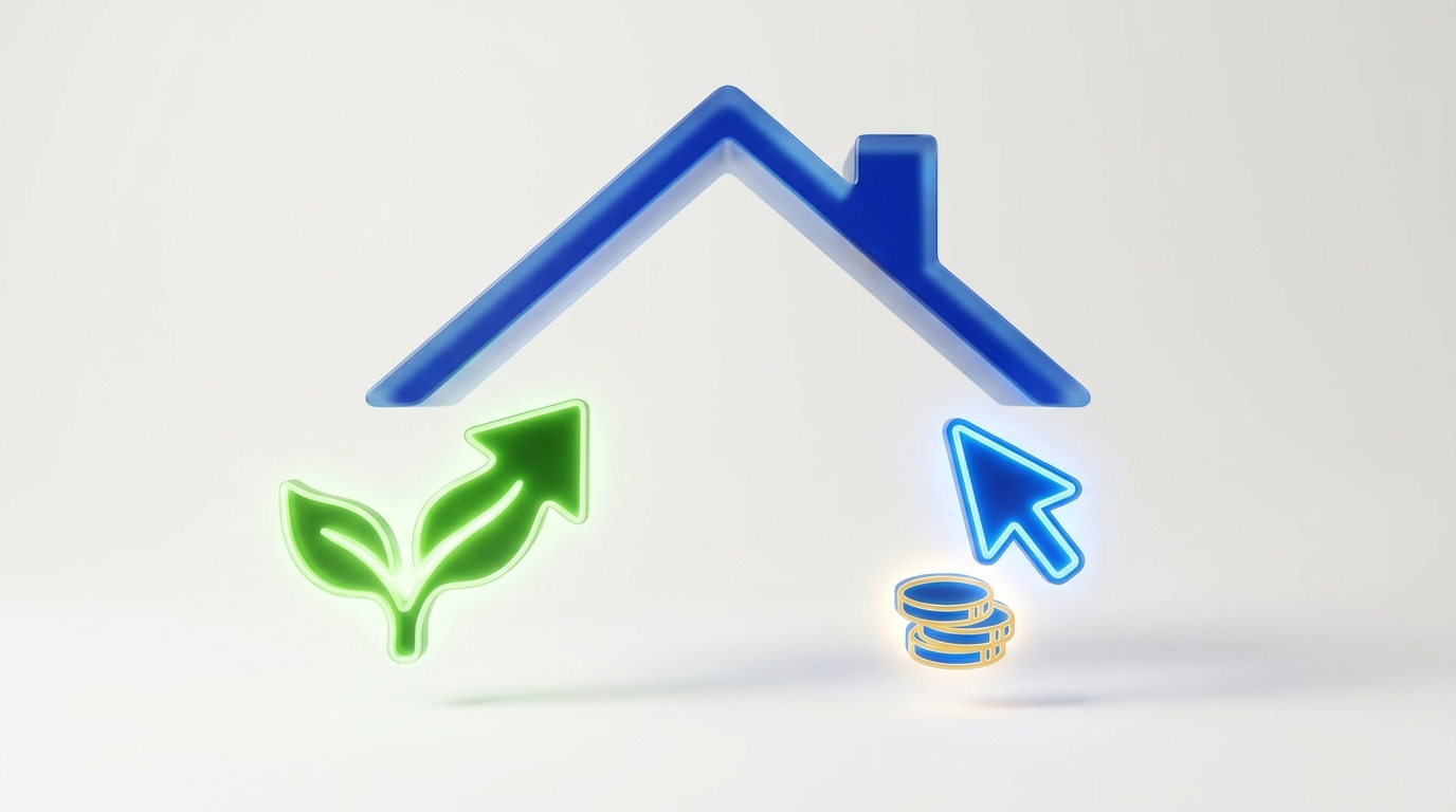 A roof with an organic growth arrow and a paid click cursor representing Google Ads vs SEO for roofers