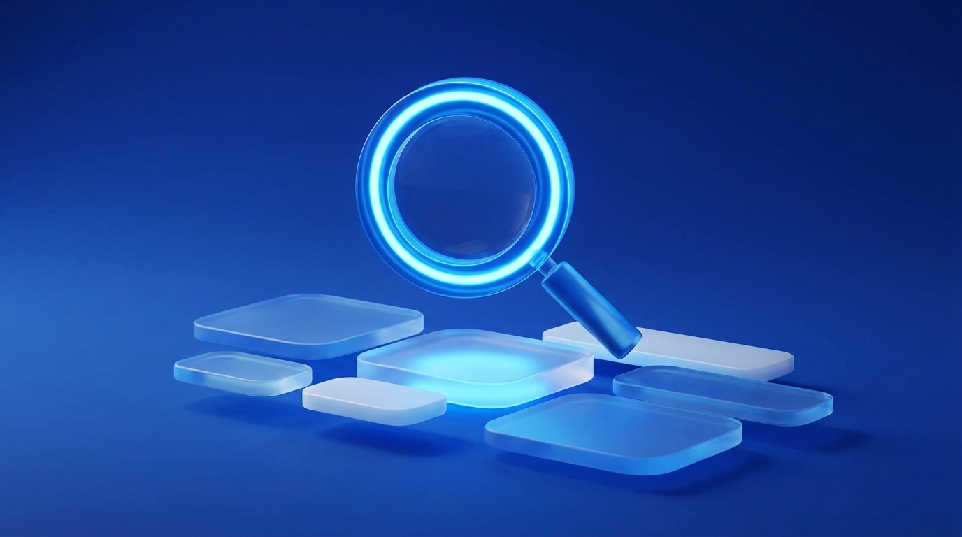 A magnifying glass over glowing keyword bubble tiles representing choosing keywords