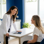 Med spa aesthetician consulting with a client in a bright modern treatment room