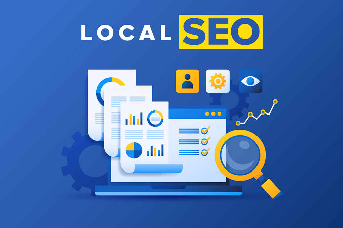 Local SEO concept graphic with a laptop displaying charts, magnifying glass and gears on a blue background, and the words LOCAL SEO at the top.