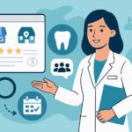 Female clinician in a white coat presents an online dental care portal with rating stars, a calendar, and location icons.