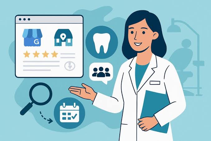 Female clinician in a white coat presents an online dental care portal with rating stars, a calendar, and location icons.