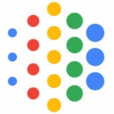 Abstract pattern of colored dots in vertical lines (blue, red, yellow, green) on white background, decorative infographic-like design.