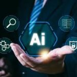 images 6 - Kihan Marketing Businessperson presenting a glowing 'AI' hub with floating tech icons to represent artificial intelligence.