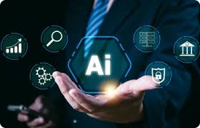 Businessperson presenting a glowing 'AI' hub with floating tech icons to represent artificial intelligence.