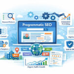 Illustration of a programmatic SEO dashboard with a laptop screen and icons for keywords, content templates, and organic traffic growth.