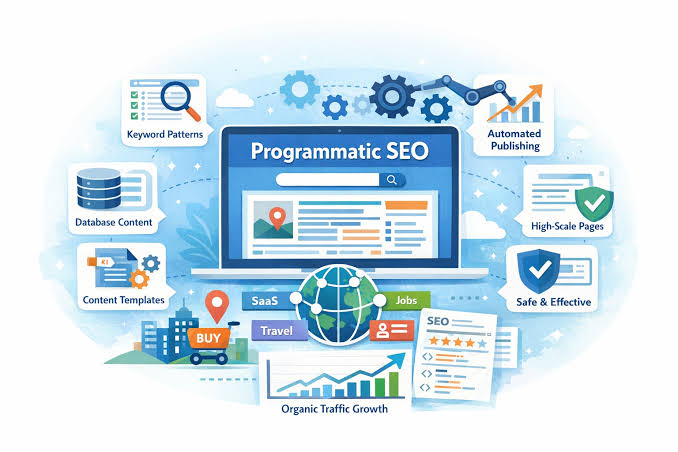 Illustration of a programmatic SEO dashboard with a laptop screen and icons for keywords, content templates, and organic traffic growth.