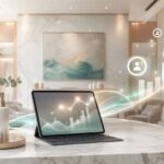images 9 - Kihan Marketing Tablet on a marble kitchen island displays data graphs with holographic lines in a bright modern living space.