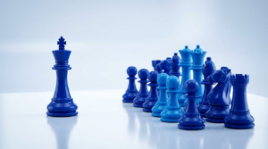 A single chess king piece facing a group of chess pieces representing in-house versus agency marketing