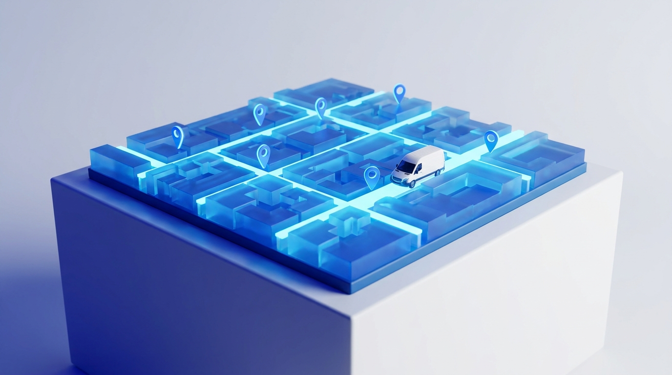 Glowing blue 3D city map with location pins and a contractor service van representing local search