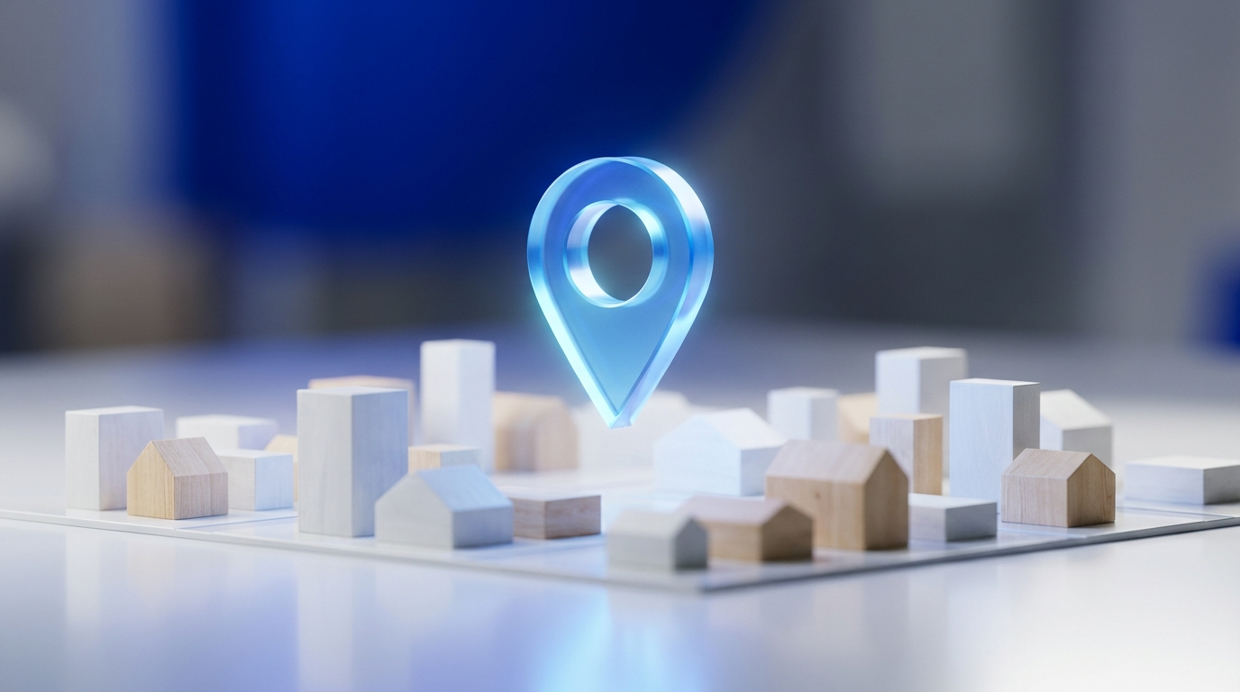 Blue holographic location pin hovering over a miniature wooden town on a map surface.