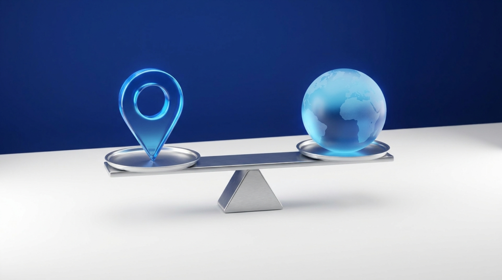 A location map pin beside a globe representing local SEO versus national SEO