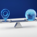 A location map pin beside a globe representing local SEO versus national SEO