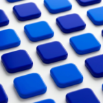 Abstract pattern of glossy blue rounded-square tiles in a grid, forming a geometric background.