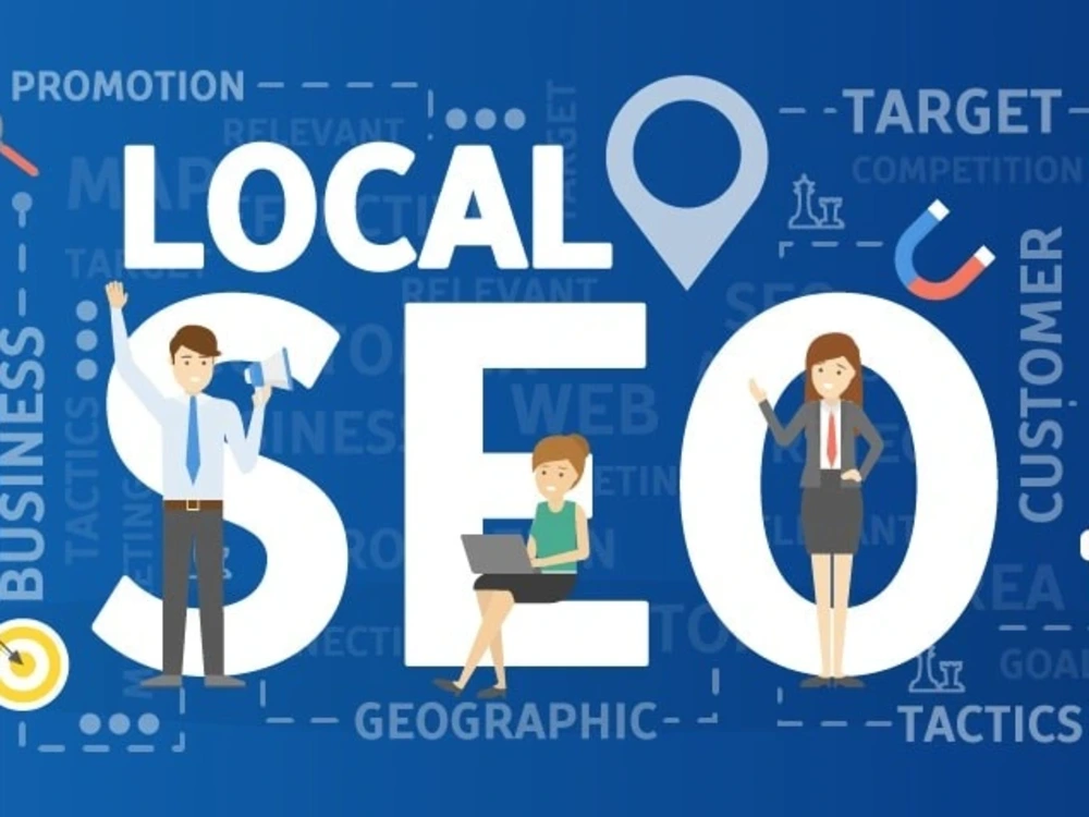 Illustration promoting Local SEO with large 'LOCAL SEO' text and professionals around the letters on a blue background.