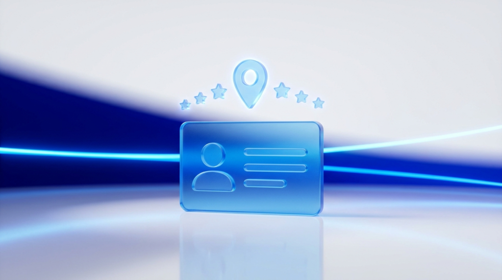A business profile card with a location pin and review stars representing Google Business Profile optimization