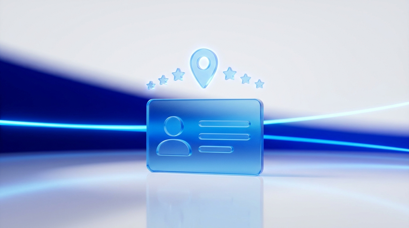 A business profile card with a location pin and review stars representing Google Business Profile optimization