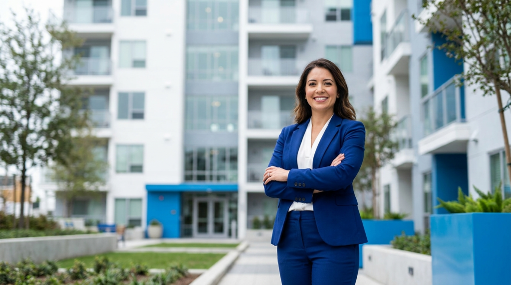 Confident property manager standing in front of a modern apartment building