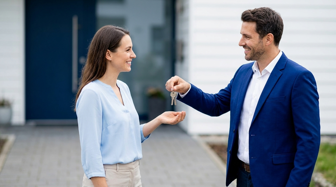 Property manager handing house keys to a smiling property owner in front of a rental home