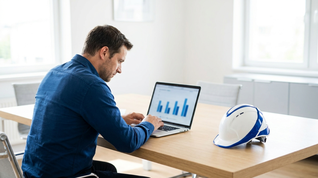 Roofing business owner reviewing a marketing budget on a laptop with a hard hat on the desk