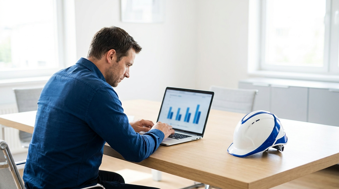 Roofing business owner reviewing a marketing budget on a laptop with a hard hat on the desk