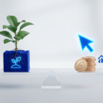 Balance scale with a plant representing organic SEO and coins with a click cursor representing paid PPC