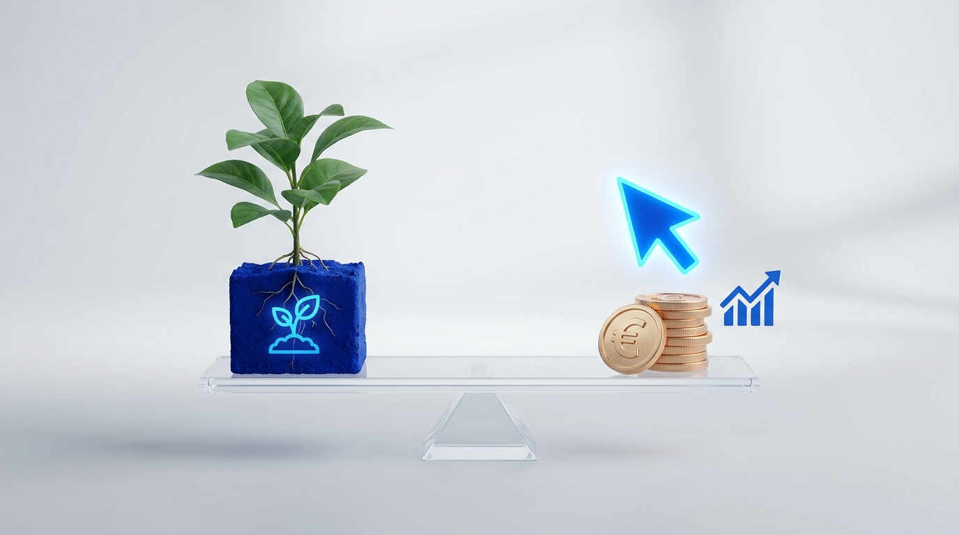 seo-vs-ppc-1 - Kihan Marketing - Kihan Marketing Balance scale with a plant representing organic SEO and coins with a click cursor representing paid PPC