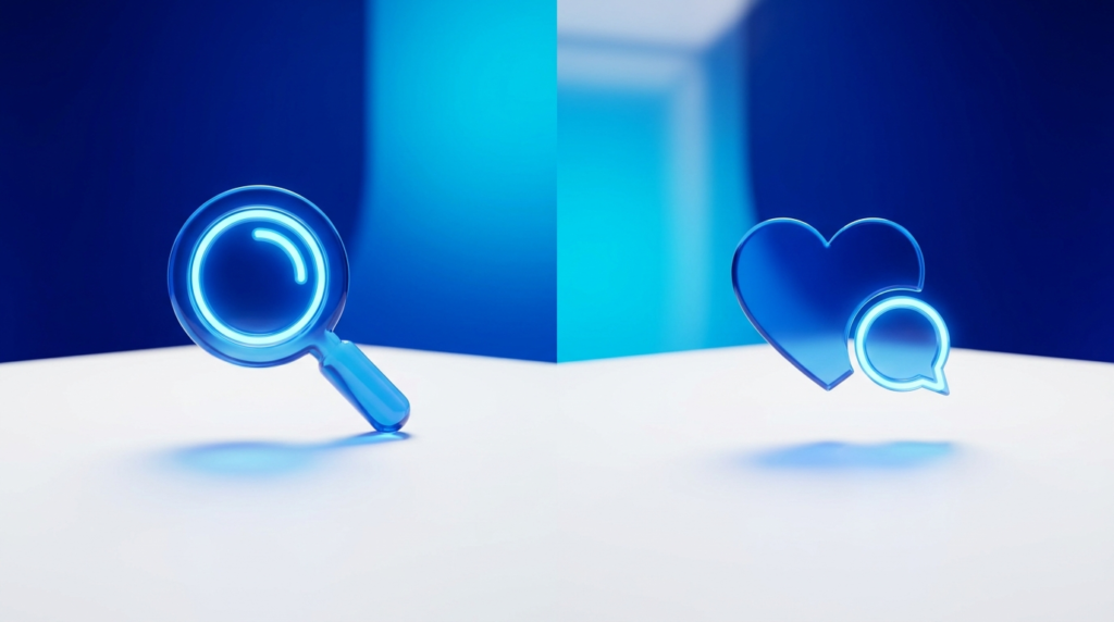 Balance of a magnifying glass for SEO and a heart and chat bubble for social media marketing