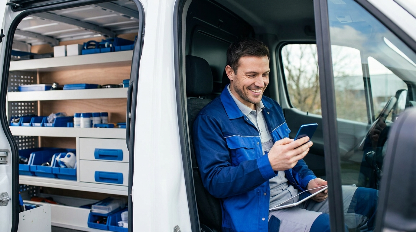 service-business-leads-google - Kihan Marketing - Kihan Marketing Service business owner checking new customer leads on a smartphone inside a work van