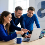small-business-digital-marketing-team - Kihan Marketing Team of three colleagues collaborates around a desk, one woman points at a laptop while two men look on, smiling in a bright office.