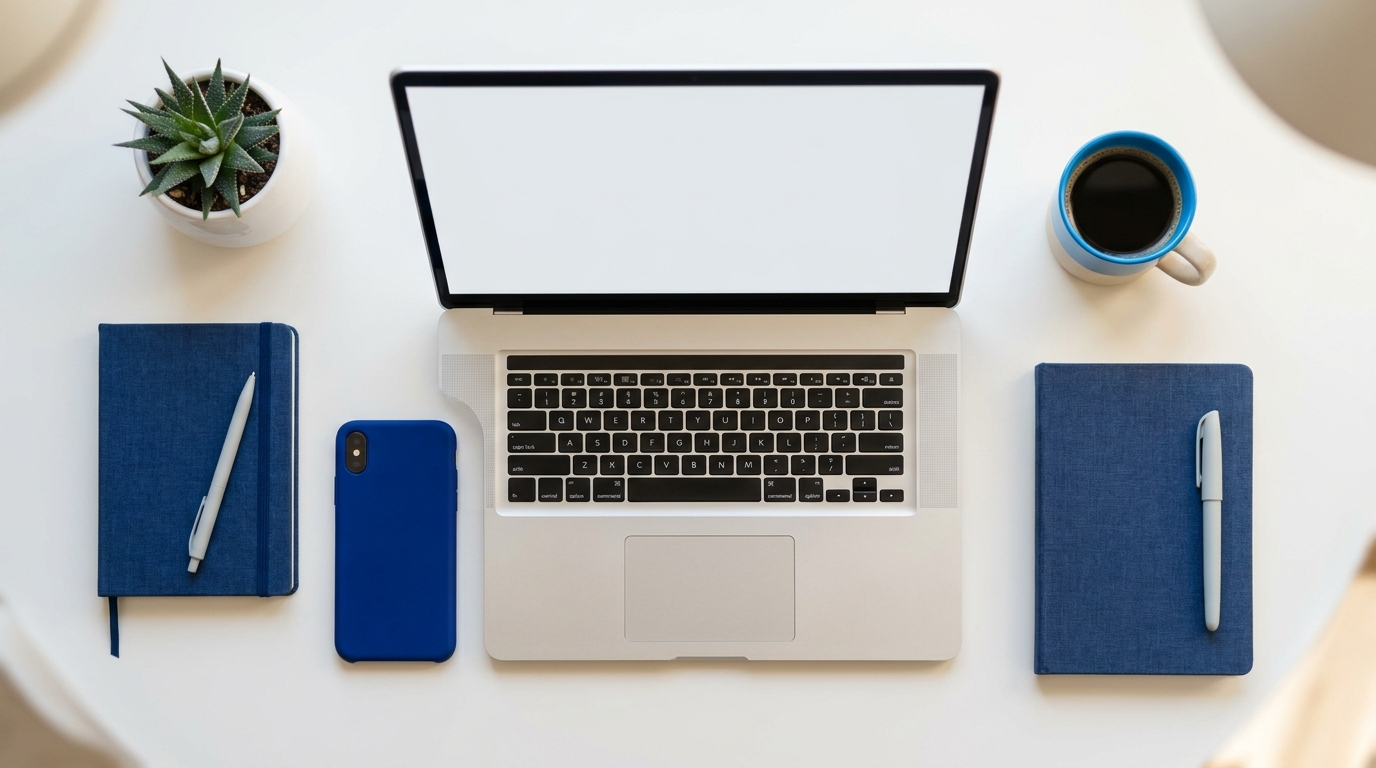 Top-down view of a workspace: laptop center, blue notebooks left and right, blue phone, plant, and coffee mug.