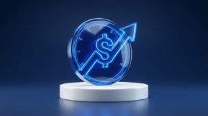 A glowing ROI dashboard gauge with an upward dollar arrow representing tracking marketing ROI