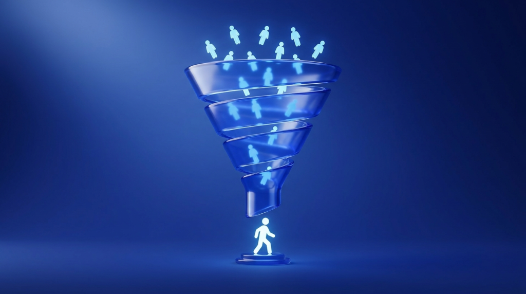 A 3D marketing funnel with people entering the top and a customer emerging at the bottom