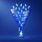 A 3D marketing funnel with people entering the top and a customer emerging at the bottom
