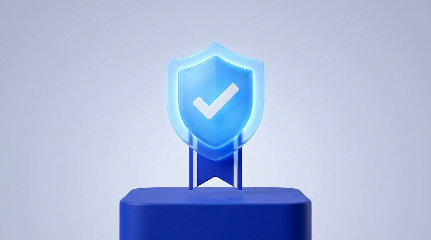 A trust shield badge with a checkmark and ribbon representing E-E-A-T